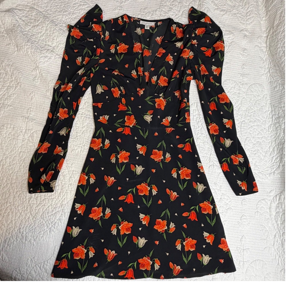 Topshop Black Floral Puff Shoulder V-Neck Mini Dress Long Sleeve US 2